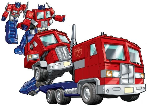 two red and blue trucks with optbots on the back are facing each other