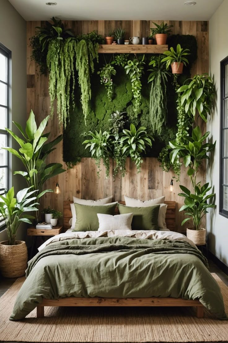 a bed covered in lots of green plants next to a wooden wall with potted plants on it