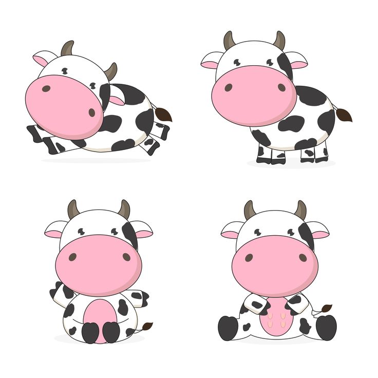 four cartoon cows with different expressions on their faces, one sitting down and one standing up