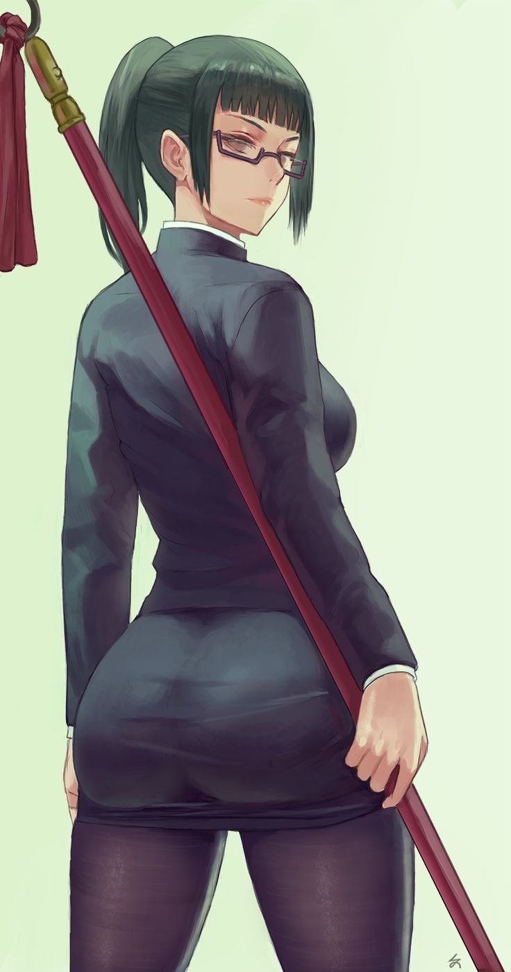 an anime character with glasses holding a large red stick in her right hand and looking down at the ground