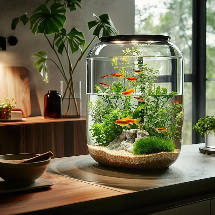 a fish tank filled with plants and rocks on top of a counter next to a window