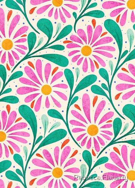 a pink and green flower pattern on a white background