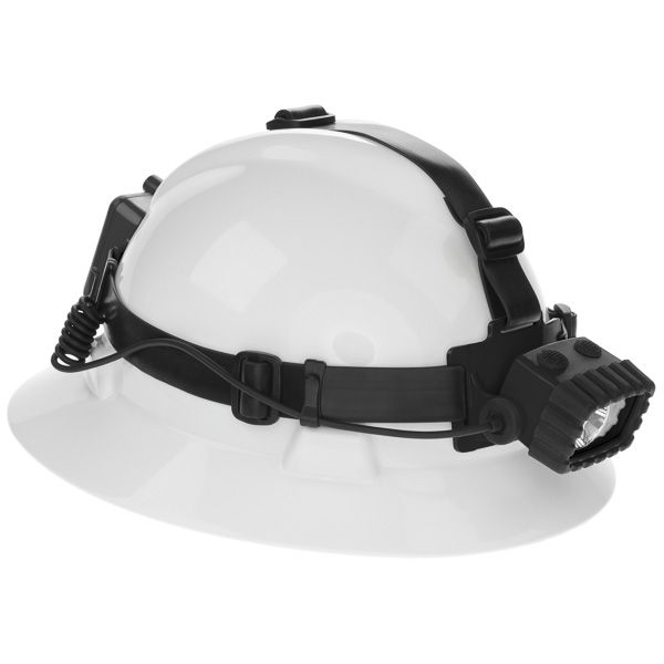 a white hard hat with two leds on the front and one light on the side