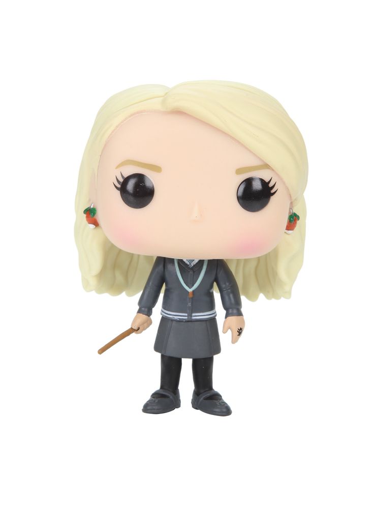 a figurine with blonde hair and black eyes, holding a wand in her hand