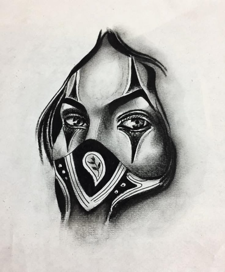 a black and white drawing of a woman's face with a mask on it