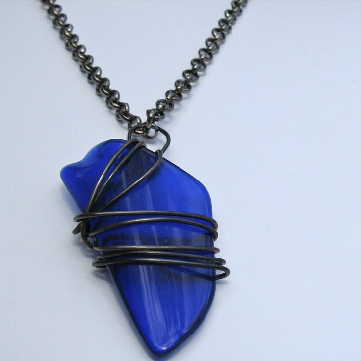 DREAMS 2 cobalt blue glass  pendant  and gunmetal chain necklace. $45.00, via Etsy. Blue Pendant Necklace, Blue Pendant, Wrapped Pendant, Wire Wrapped Pendant, Glass Pendant, Glass Pendants, Blue Glass, Cobalt Blue, Wire Wrapped