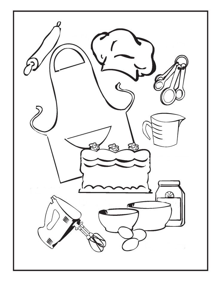 a black and white drawing of kitchen items on a table with scissors, spoons, measuring tape, cupcake