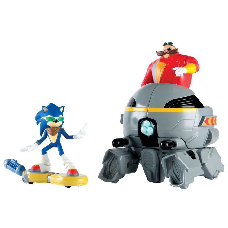 sonic the hedgehog and person action figures are shown in two different poses, one is on a skateboard