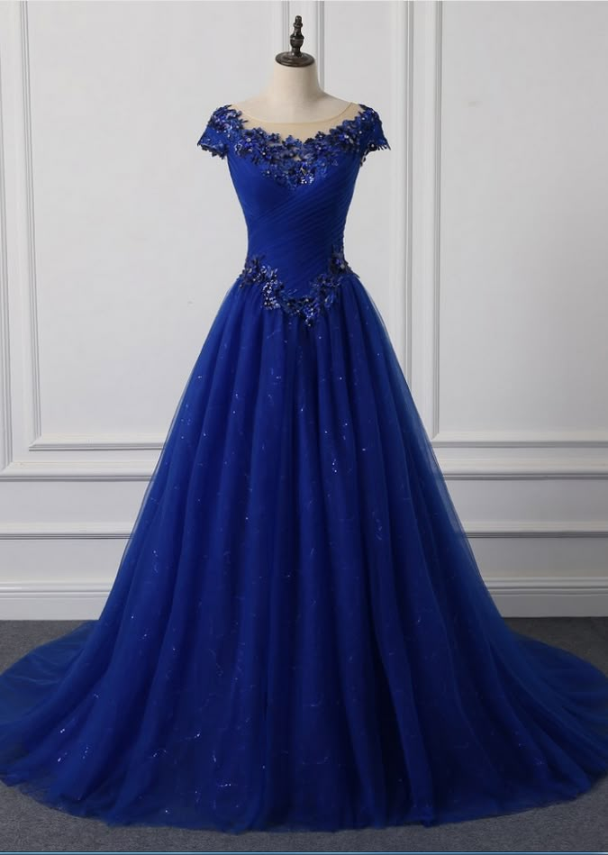 Long Neck Appliqued Wedding Dress Royal Blue Wedding Party Dresses Blue Tulle Evening Dress For Banquets, Blue Tulle Evening Dress For Banquet, Blue Fitted Ball Gown With Sweetheart Neckline, Blue Tulle Gown For Debutante Ball, Wedding Dress With Long Train For Prom Season Banquet, Luxury Wedding Dress With Long Train For Banquet, Long Train Wedding Dress For Banquet And Prom Season, Fitted Blue Tulle Ball Gown, Blue Sweetheart Neckline Ball Gown For Debutante Ball