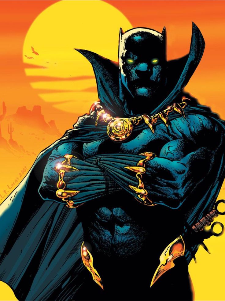 a batman with his arms crossed in front of an orange and yellow background, the image is