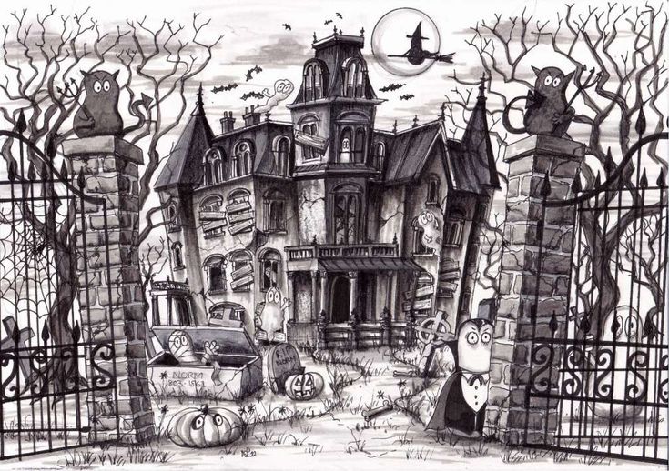 a black and white drawing of an old house with halloween decorations on the front gate