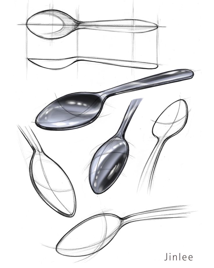 three spoons and two forks are shown in this drawing