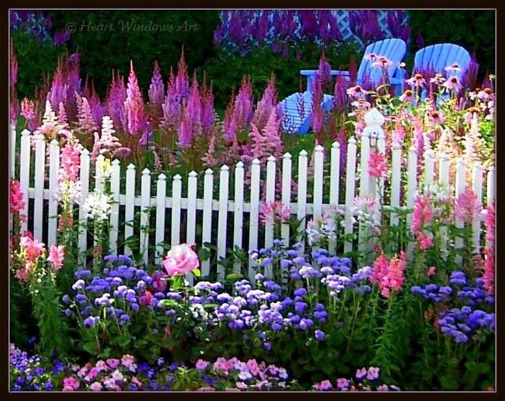 a white picket fence surrounded by lots of flowers and purple plants in the foreground