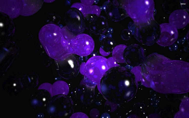 purple and black balloons floating in the air with bubbles around them on a dark background