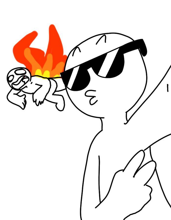 a drawing of a man wearing sunglasses and holding a bird on his head with flames in the background