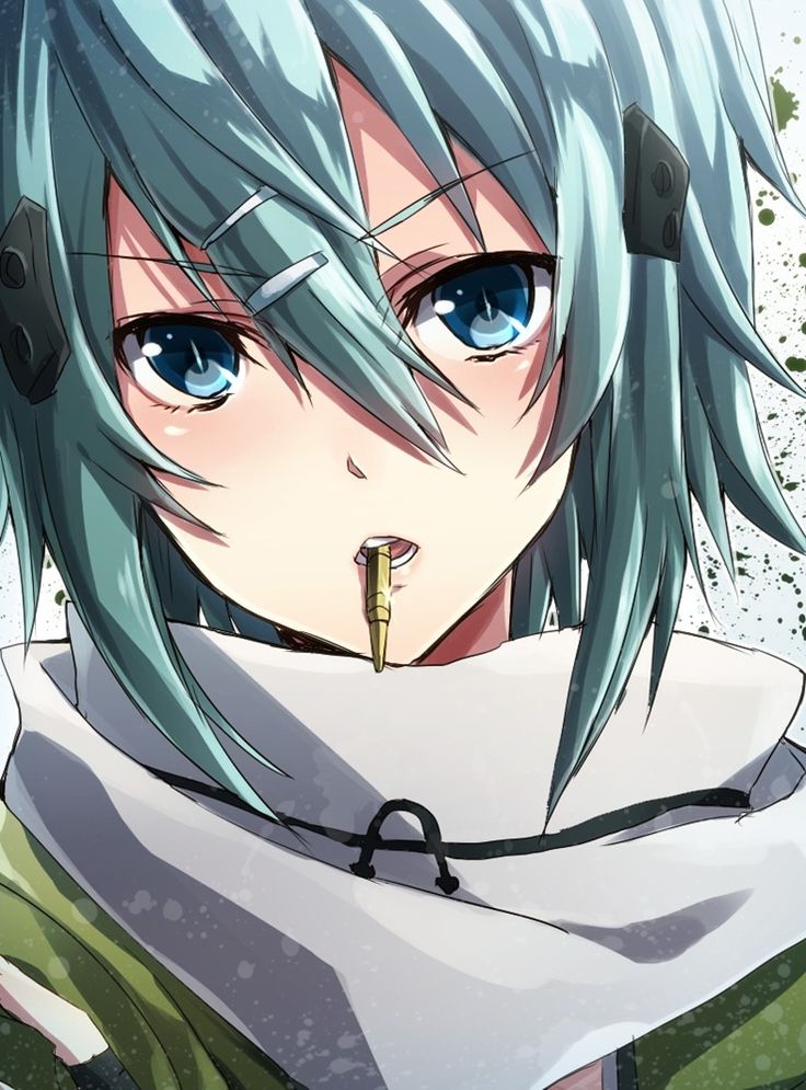 an anime character with blue hair wearing headphones and looking at something in the distance