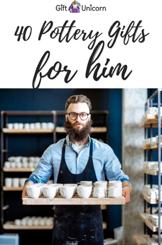 a man holding a tray with cups on it and the words, 40 pottery gifts for him