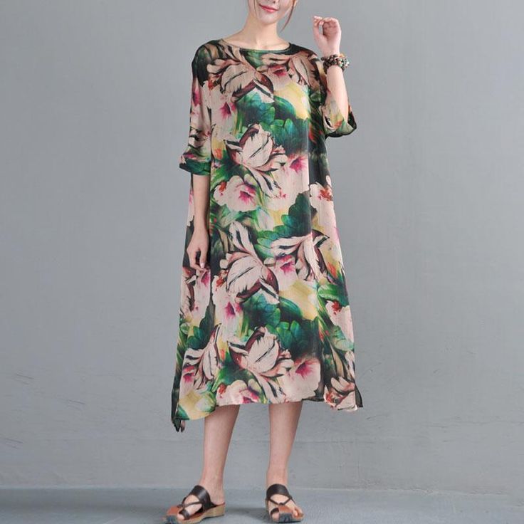 Loose Round Neck Half Sleeve Printed Dress Two Pieces - Omychic Green A-line Chiffon Summer Dress, Floral Print Chiffon Long Dress For Summer, Bohemian Chiffon Dress For Spring, Spring Beach Chiffon Sundress, Summer Floral Print A-line Chiffon Dress, Casual Chiffon Dress For Summer, Summer Beach A-line Chiffon Dress, Multicolor Floral Chiffon Dress For Summer, Flowy Chiffon Dress For Spring Vacation