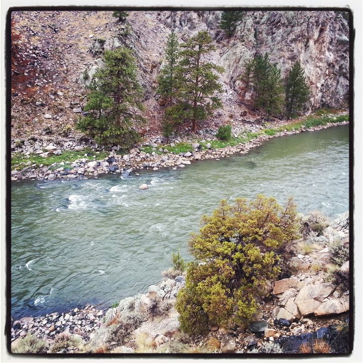 a river flowing through a lush green forest next to a rocky mountain side under a cloudy sky