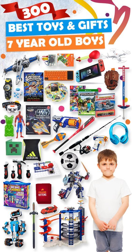 a boy standing in front of a poster with toys and gifts on it's side