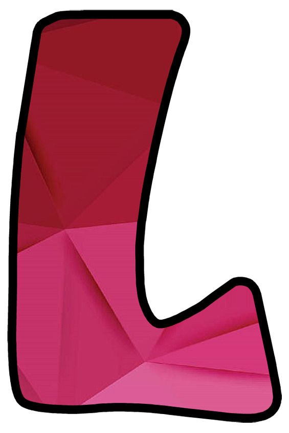 the letter l is made up of pink and red shapes with black lines on it