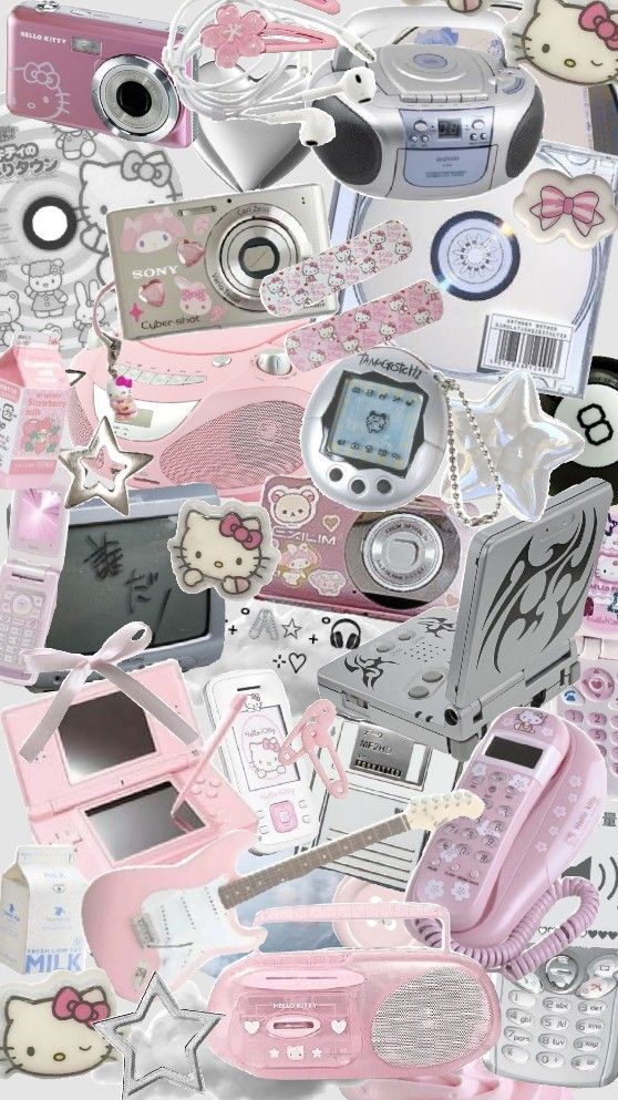 an image of many different types of items in the air with hello kitty stickers on them