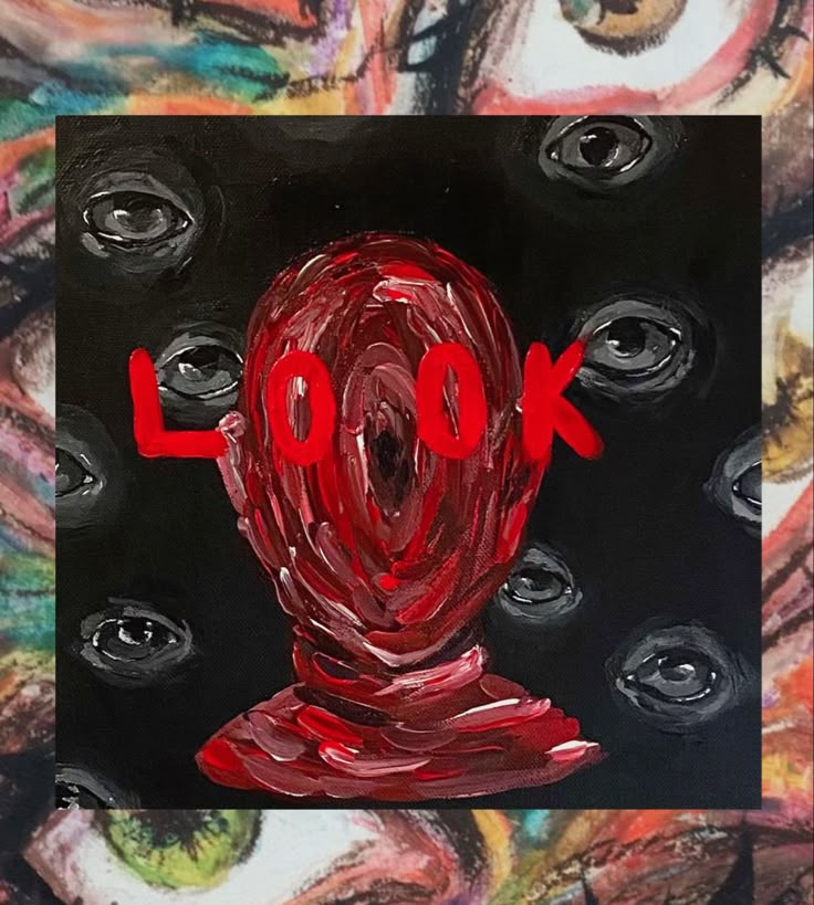 a painting with the word look on it in red and black, surrounded by circles