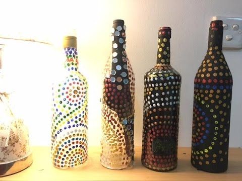 Diy Easy Bottle Decoration Using Cotton Swab And Acrylic Paint Flaschen Dekorieren Flaschenlampe Weinflaschen Dekorieren