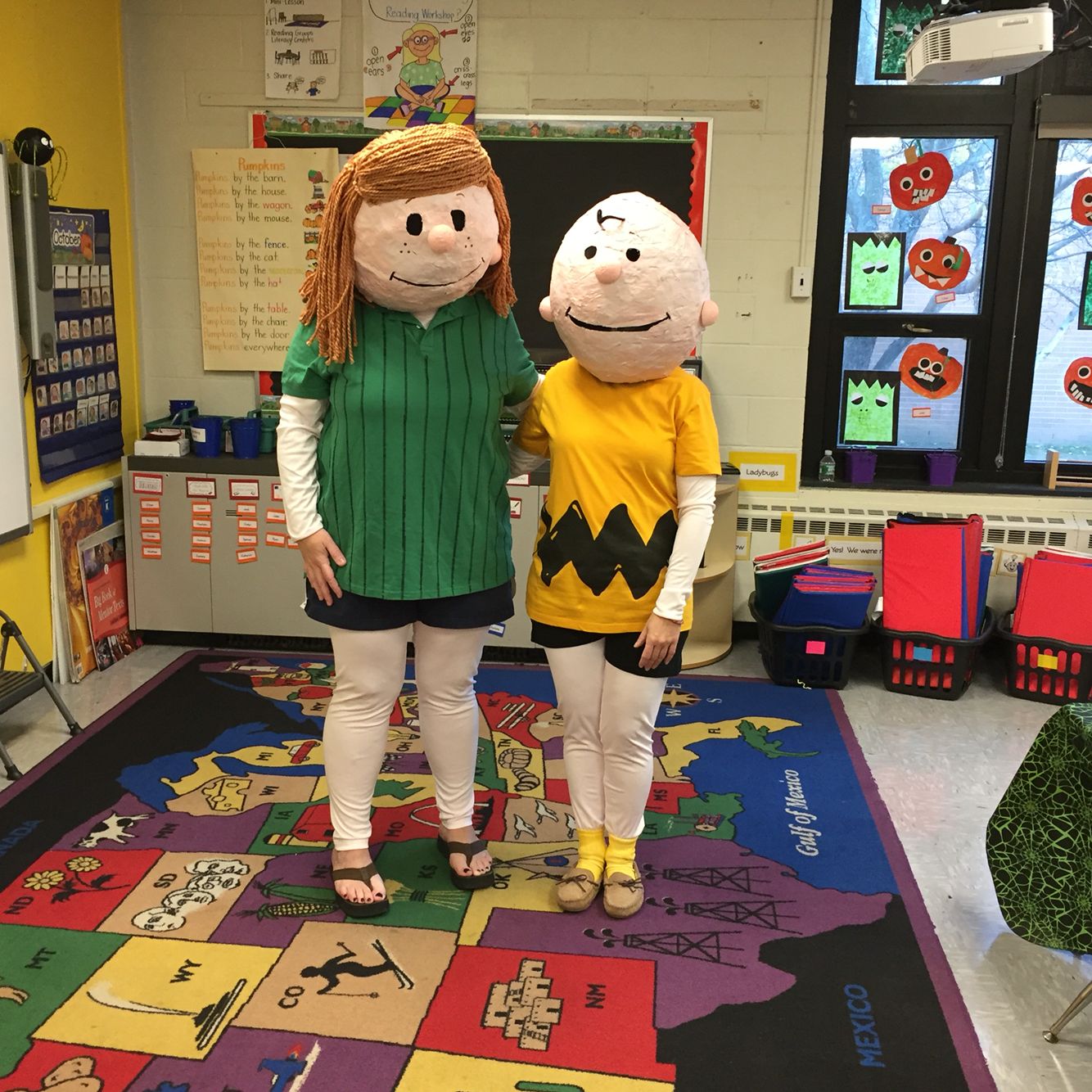 DIY Charlie Brown and Peppermint Patty paper mache heads Charlie