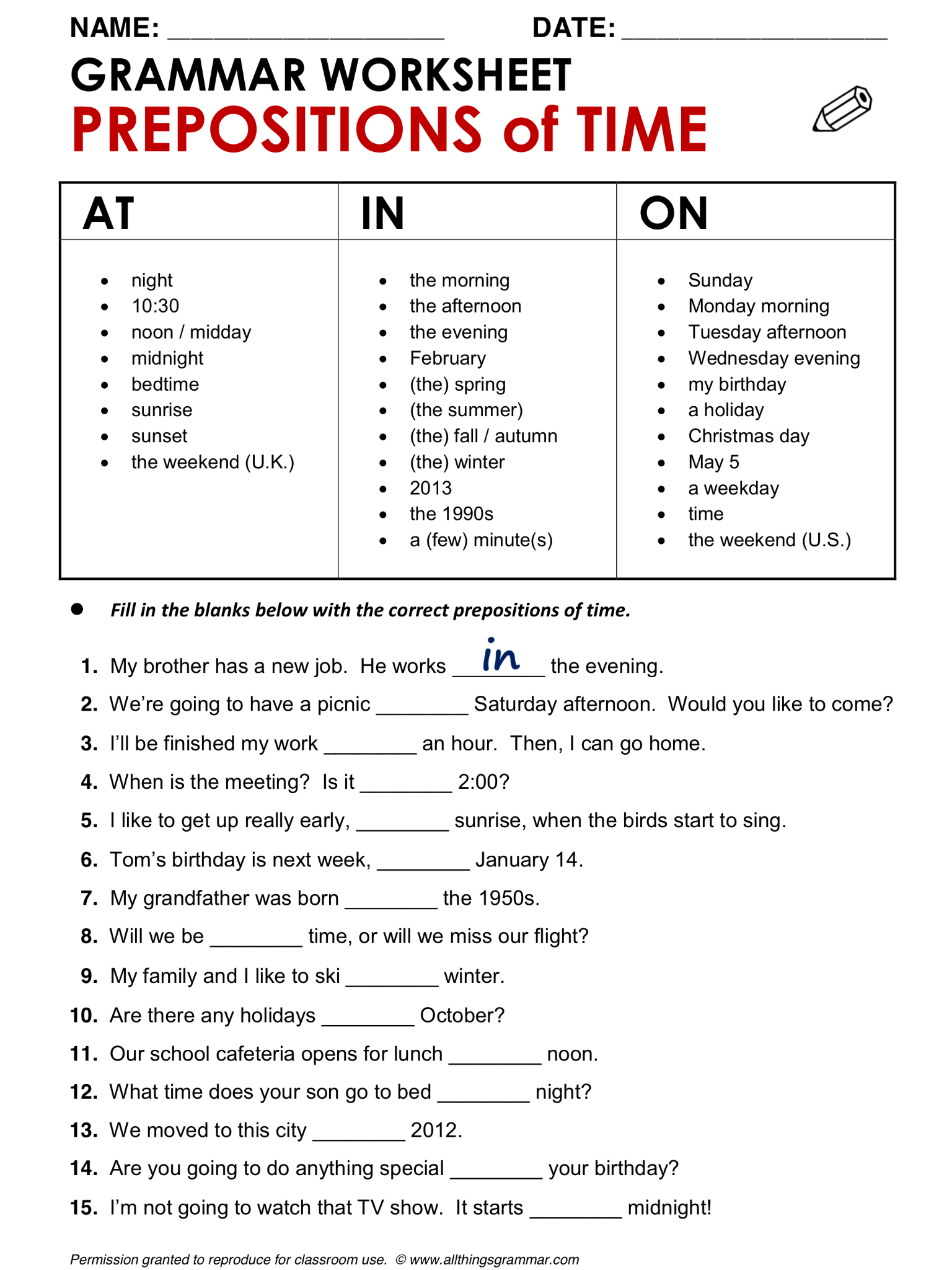 Free preposition worksheets for grade 4