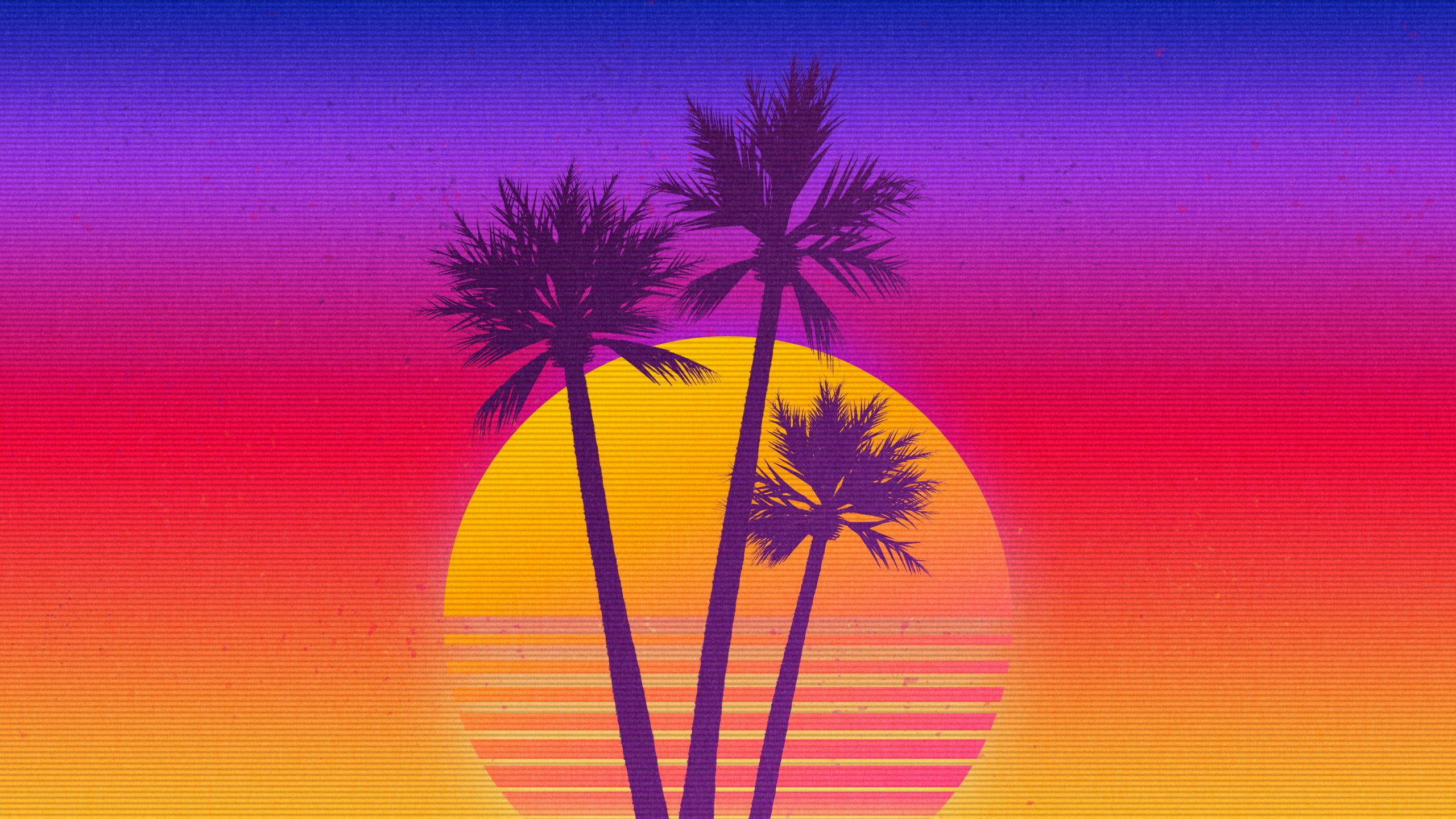 two palm trees in front of an orange and purple sunset with the sun ...