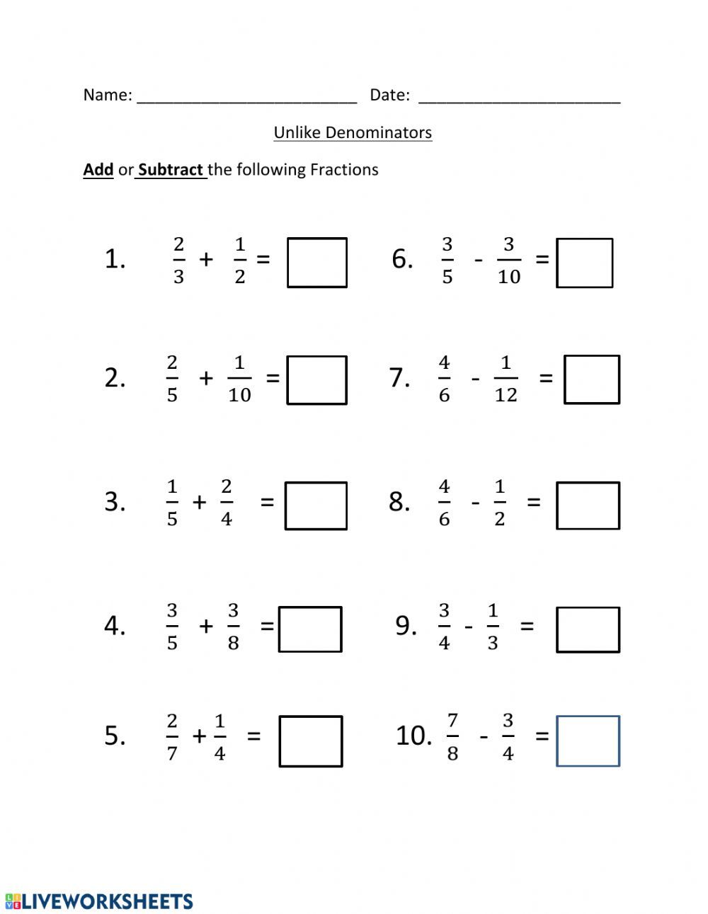 Adding and subtracting unlike fractions interactive and downloadable ...