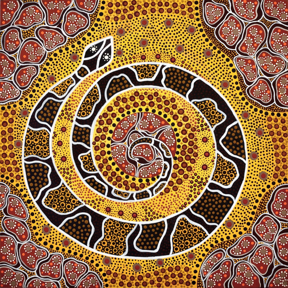 This Aboriginal work is painted with natural traditional colours as ...