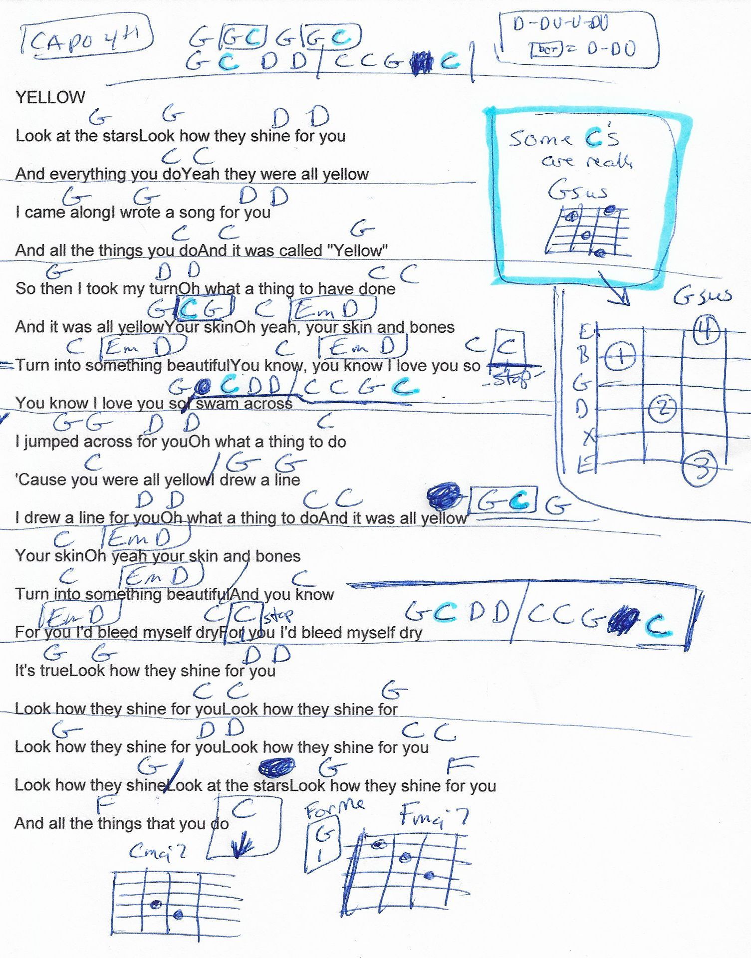 Yellow (Coldplay) Guitar Chord Chart - Capo 4th Fret | Easy guitar songs, Guitar songs, Coldplay