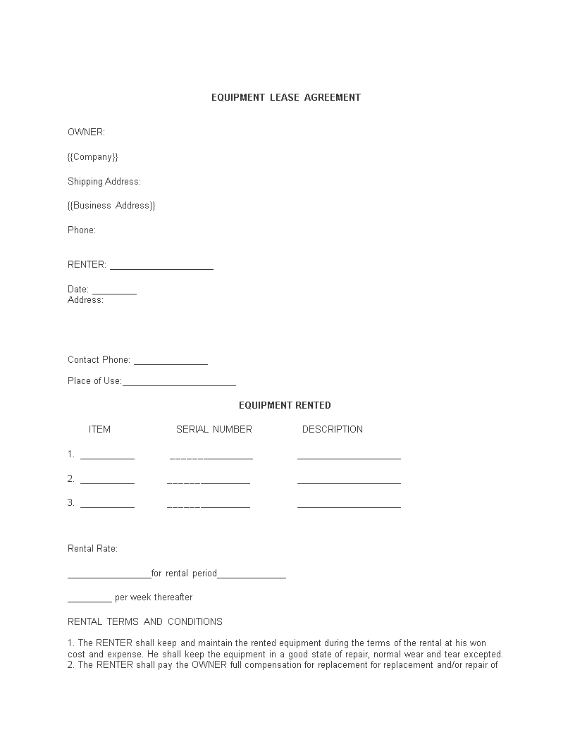 Equipment Rental Agreement Form | Agreement, Lease agreement, Contract ...