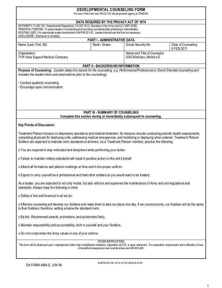 Army Counseling form 4856 Initial Counseling Template Squad Leader in ...