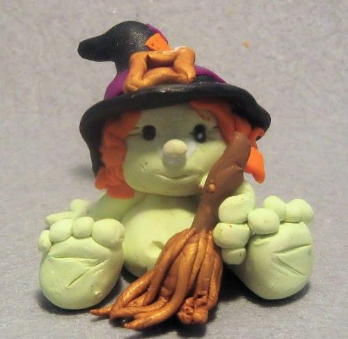 Green Baby Witch with her Broom Stick- polymer clay sculpture | Clay ...