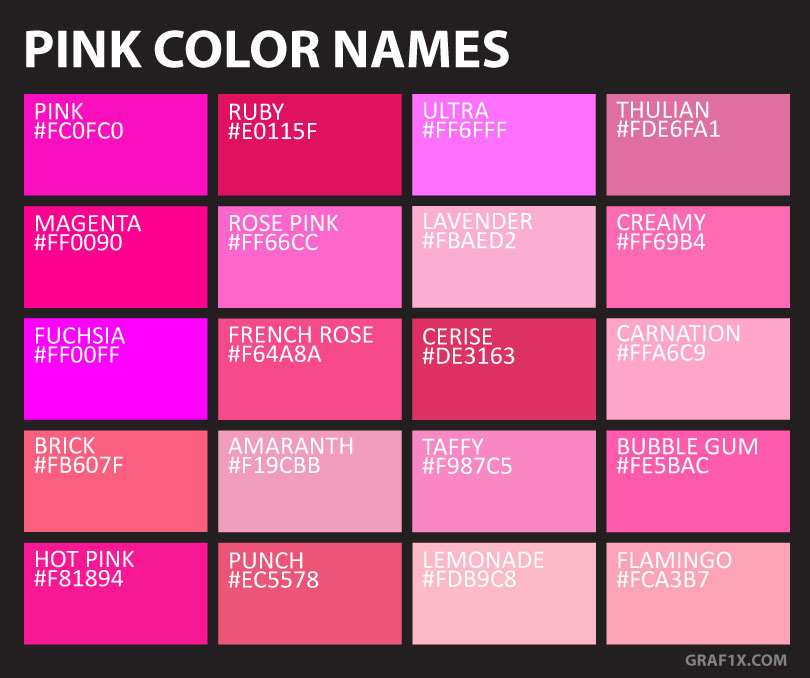 Pink Color Names – graf1x.com | Color palette pink, Pink hex code ...