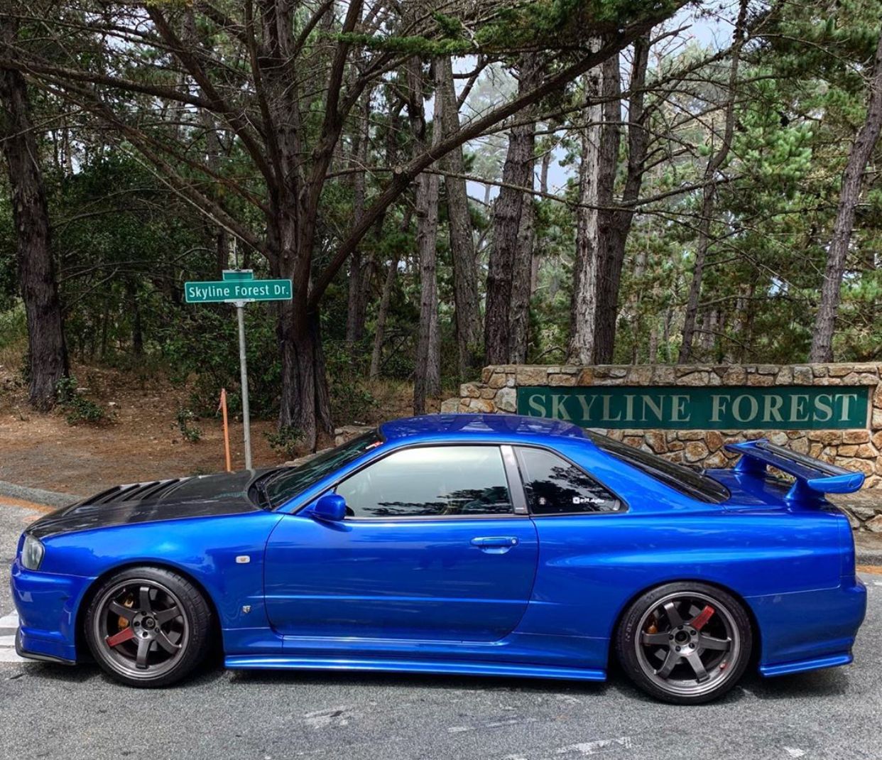 a blue sports car parked in front of a sign for skyline forest on the road