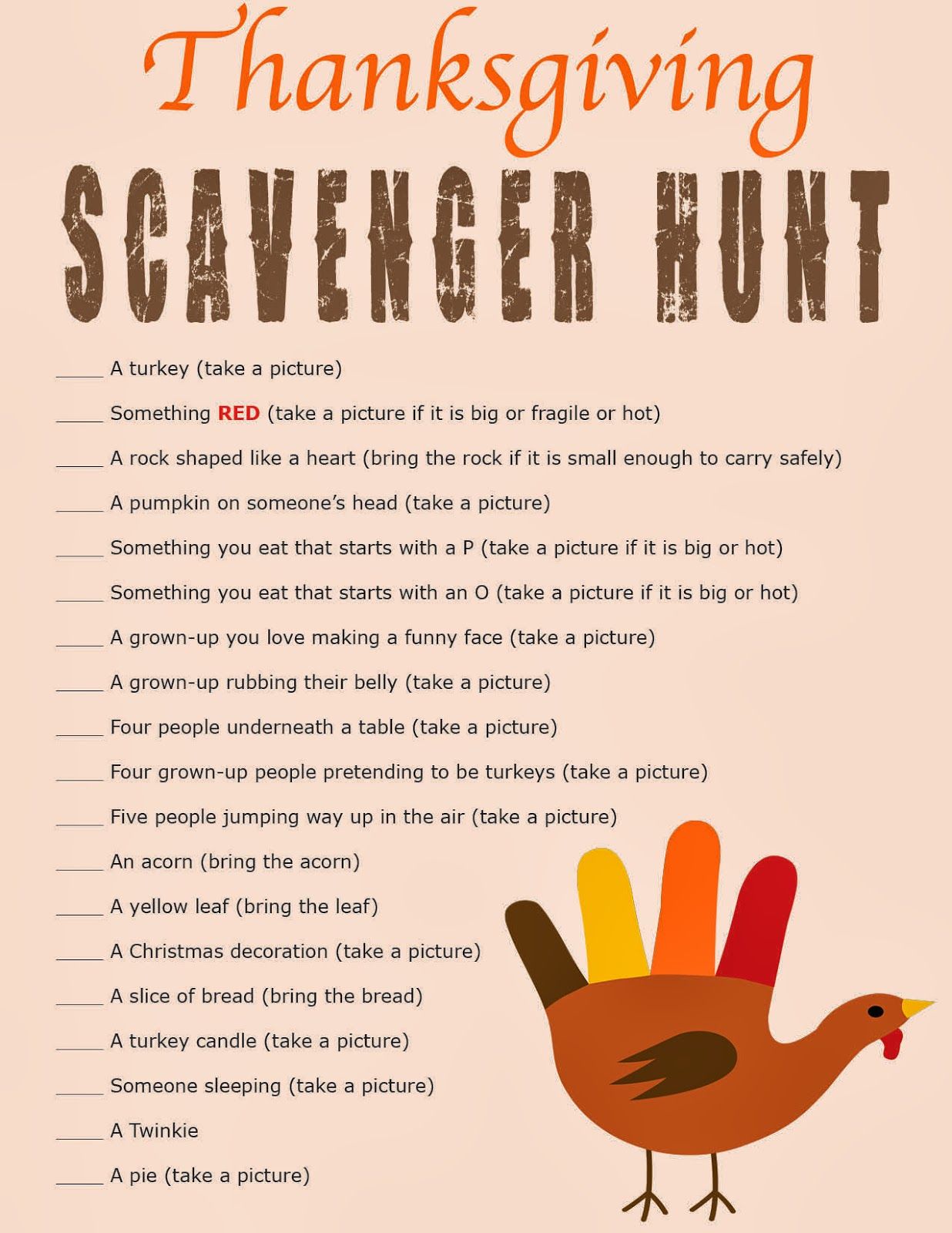 Turkey Scavenger Hunt Printable