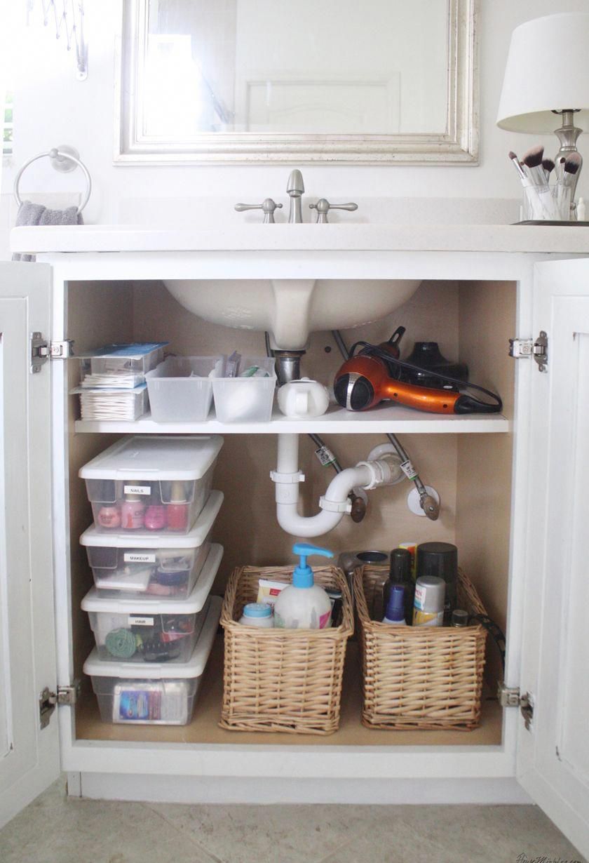 Under sink bathroom cabinet organization - extra shelf around piping