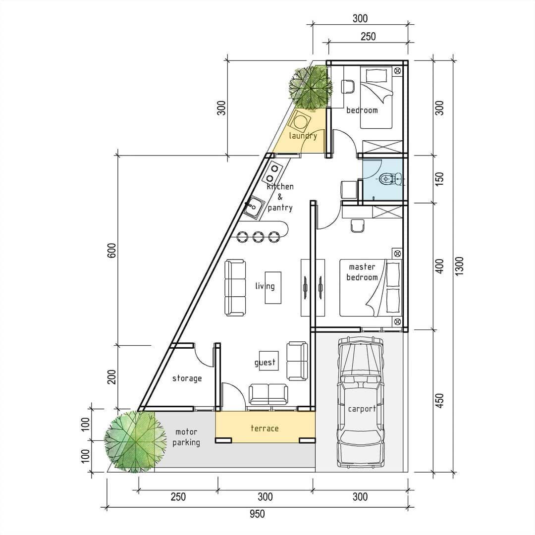 Denah Rumah Segitiga | Denah rumah, Desain depan rumah, Rumah arsitektur