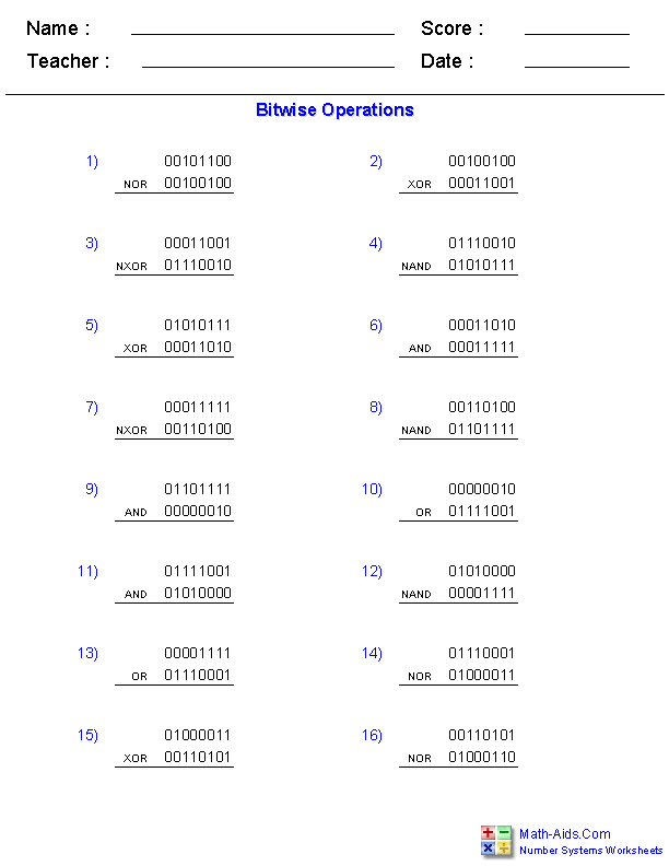 Number Systems Worksheet