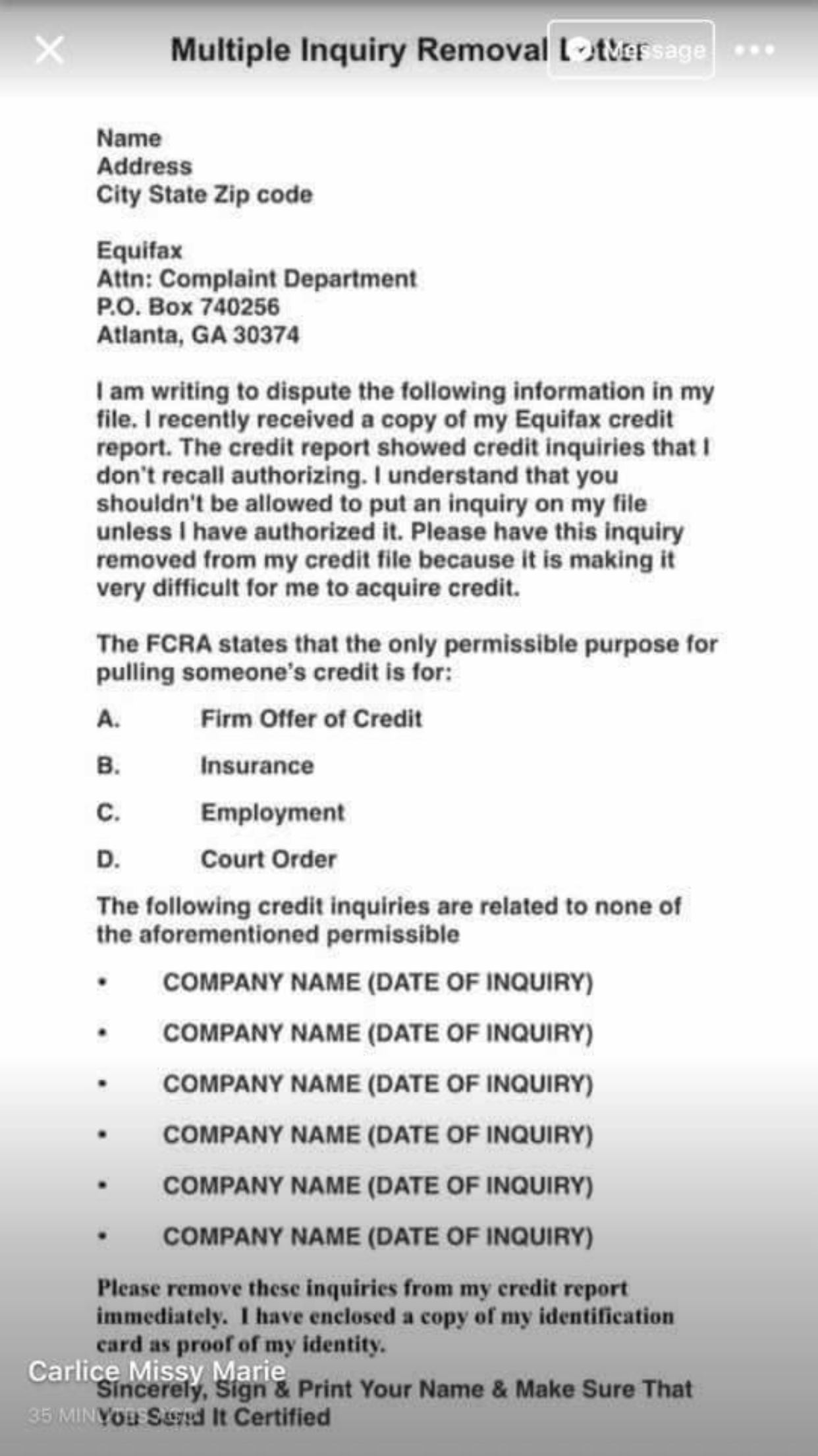 Multiple Inquiry Removal Letter Template