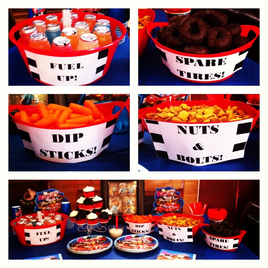 several pictures of different foods in buckets on a table with snacks ...