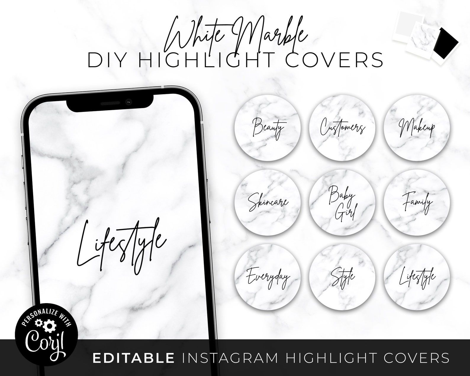 DIY Instagram Highlight Covers, Editable Neutral White Marble Black ...