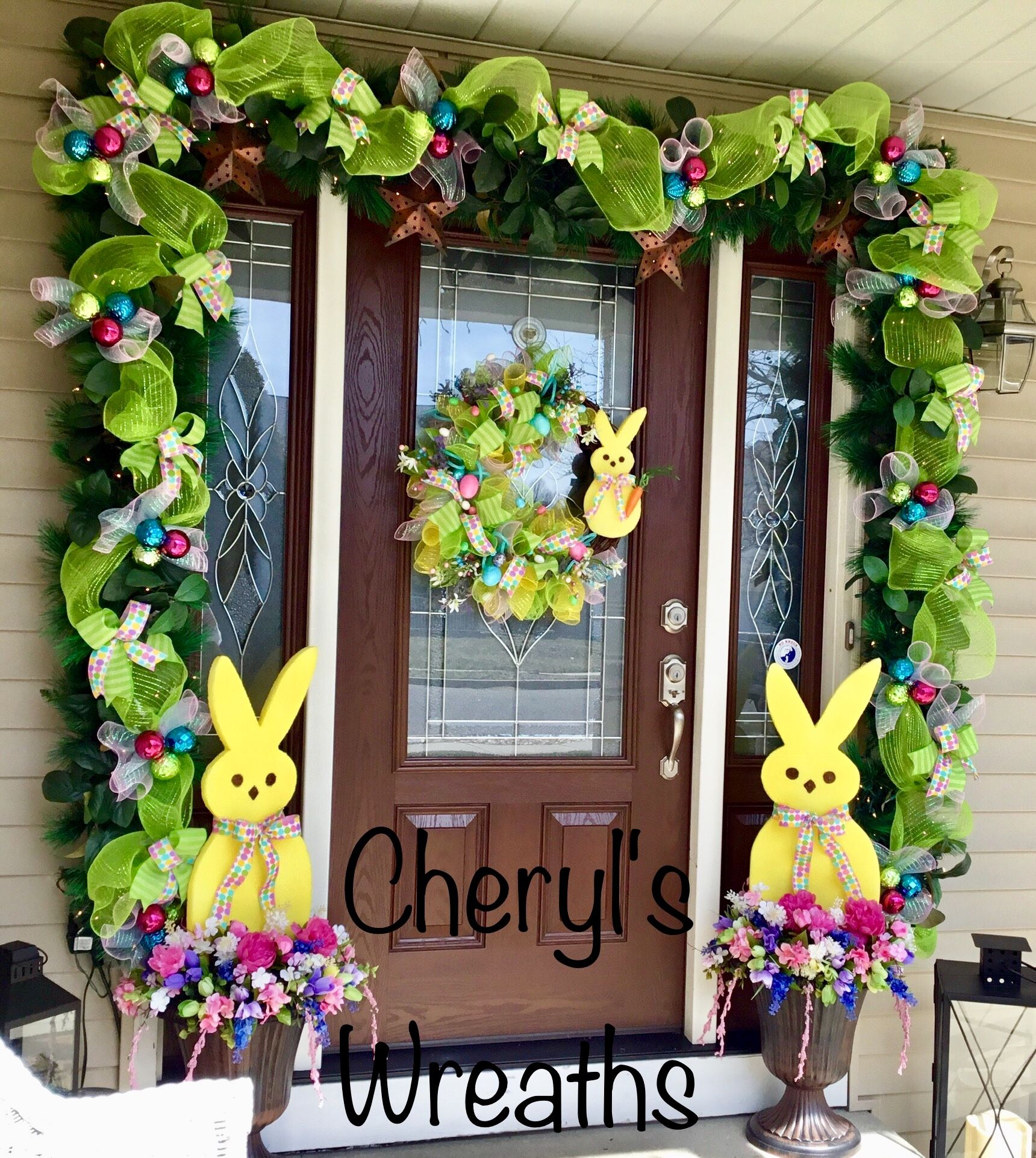 Easter front door decorations, porch, Easter flowers, tulips, bunny