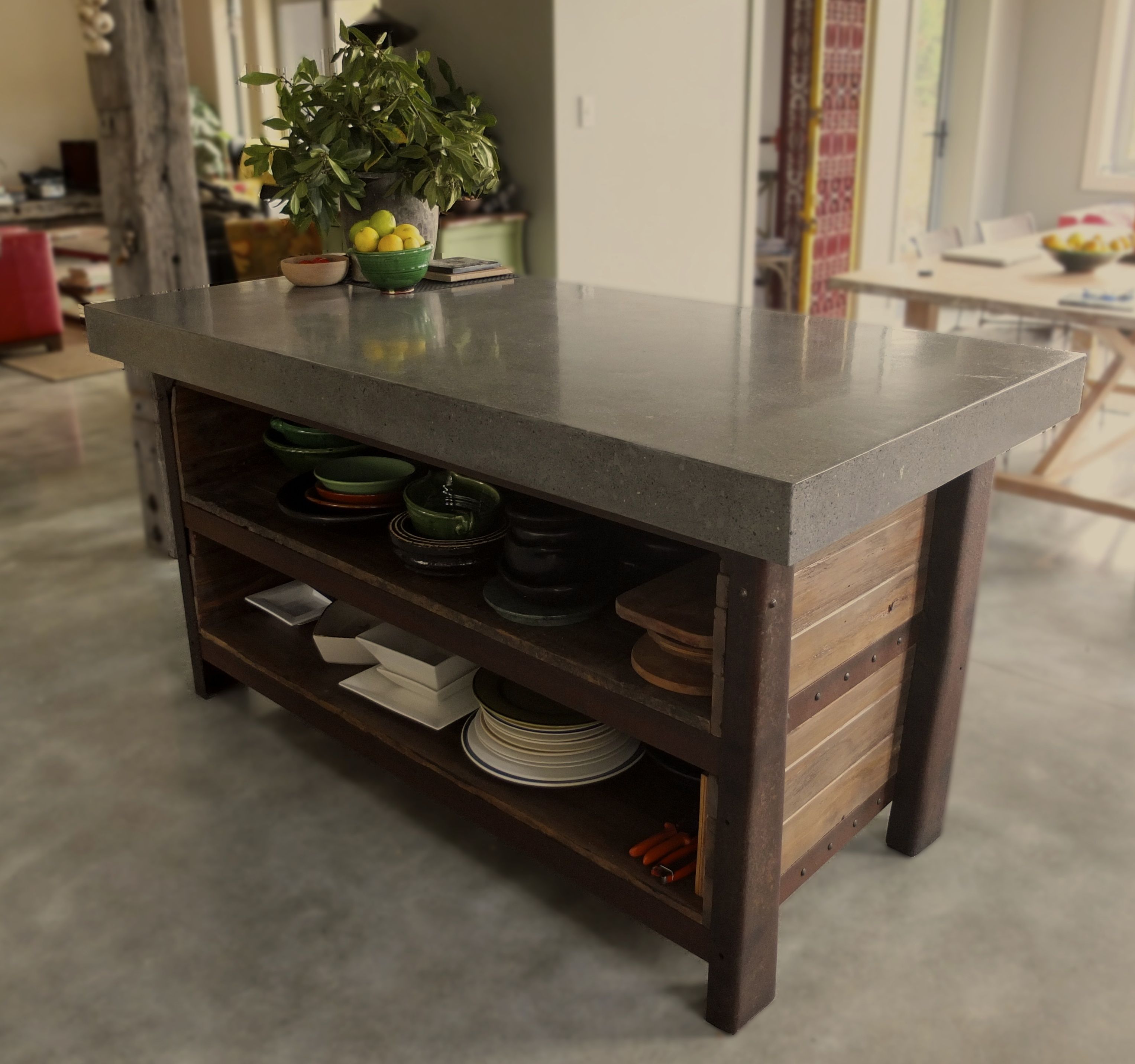 Kitchen island with a polished concrete top. Industrial style furniture, Kitchen design