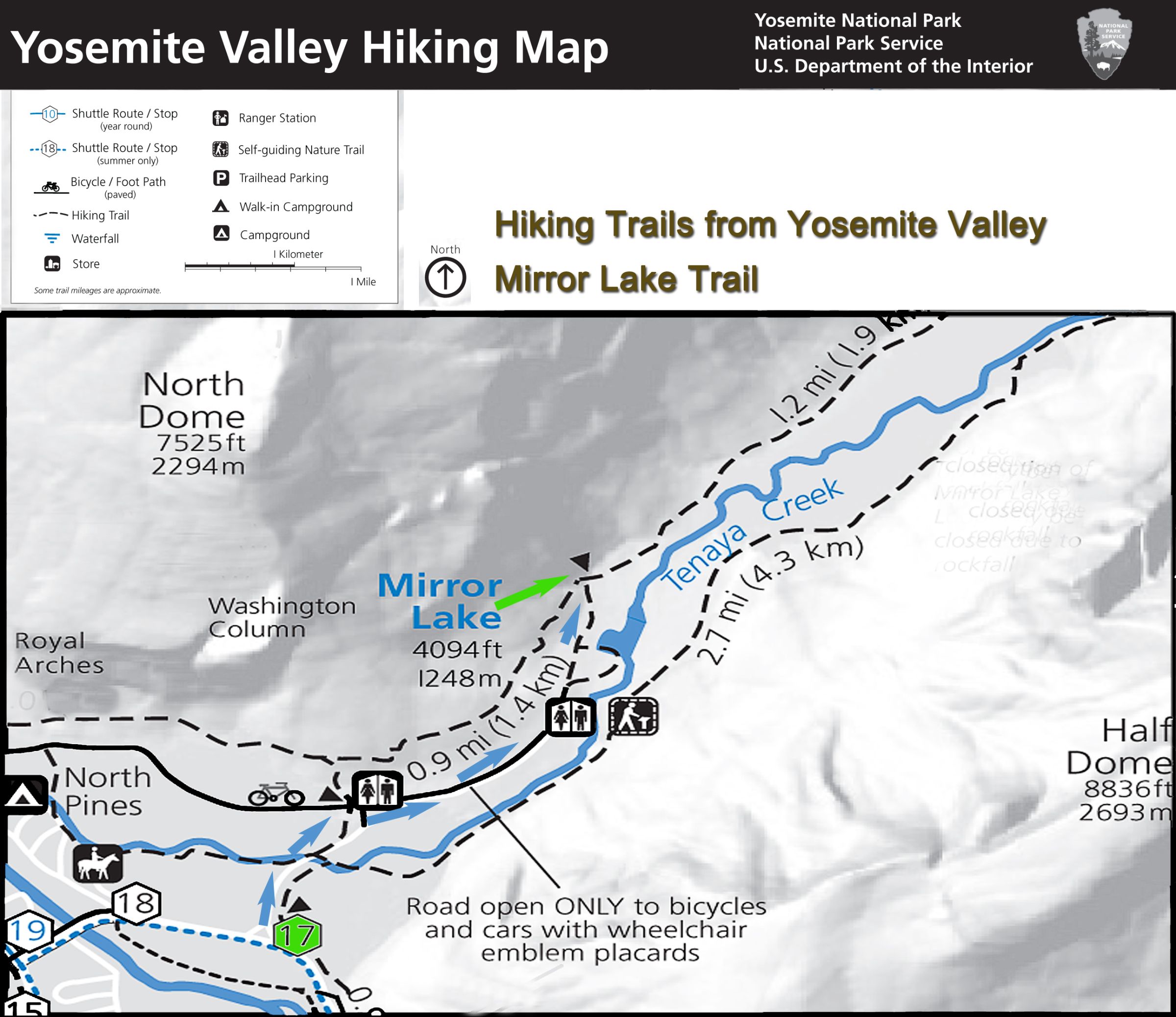 Yosemite Hiking Map - Mirror Lake trail. The trail starts in the ...