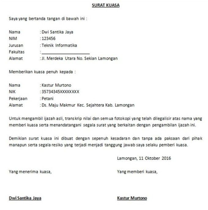 Contoh Surat Kuasa Pengambilan Ijazah Surat Surat Kuasa Kerja